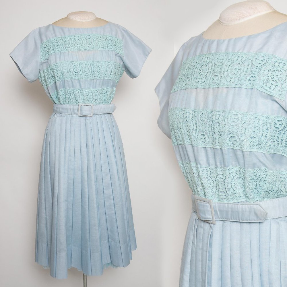 VINTAGE 1950s Dress - Sheer Blue with Belt - MED.